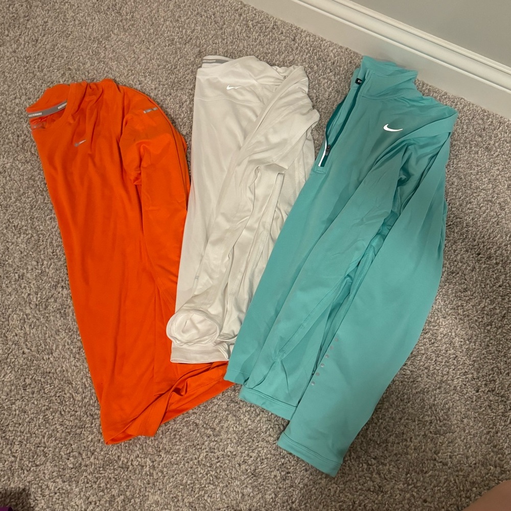 Nike! Set of 3 - long sleeve tops, one quarter zip orange, white and teal